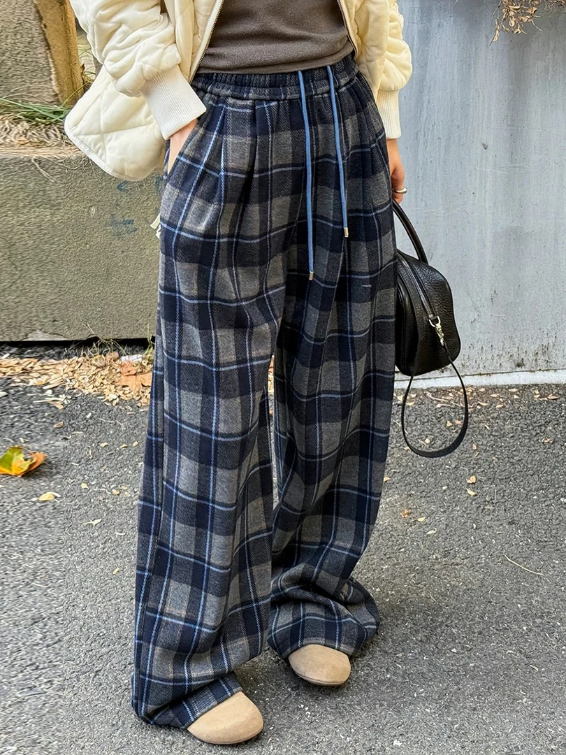 梦小小女装撞色格子拖地加绒阔腿裤女冬装2024新款欧货女装直筒裤