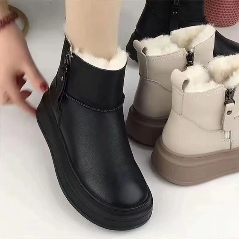 新款东北加厚雪地靴女厚底百搭防滑皮面雪地靴短靴女