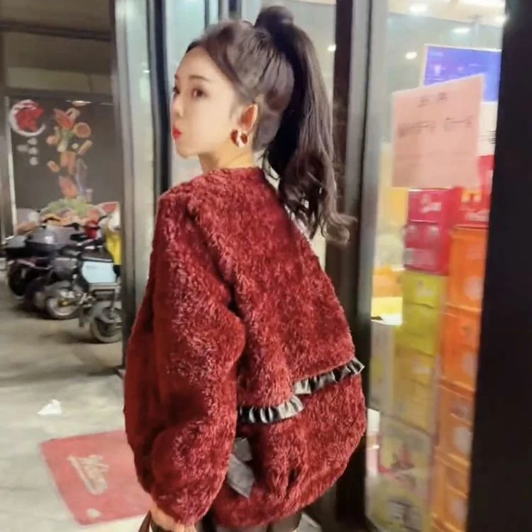 欧货高级时尚撞色冬季新款蝴蝶结拼接宽松休闲羊羔毛长袖外套