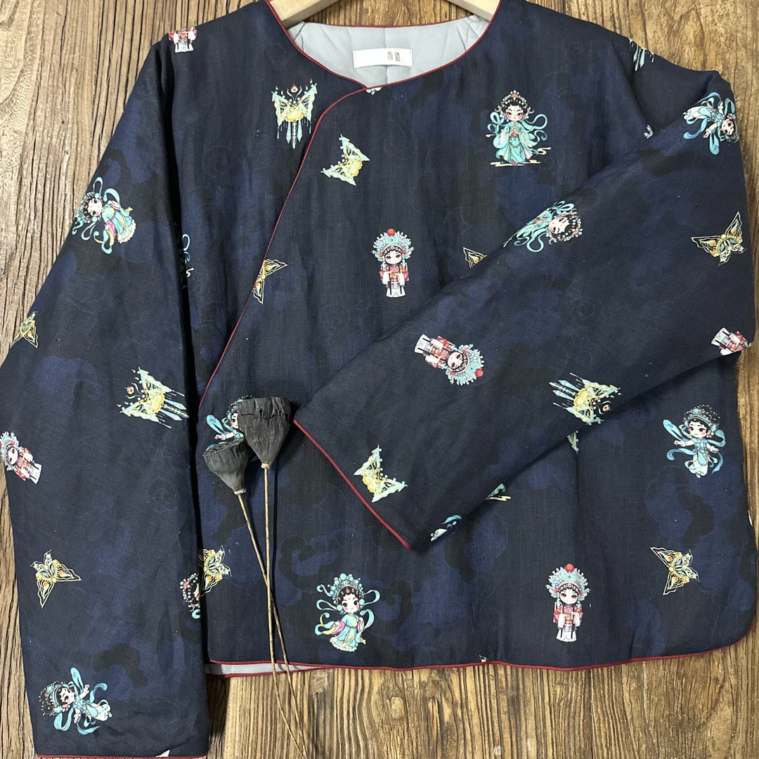 扶摇国风蓝色圆领冬季外衣棉服长袖FY375093中式印花斜襟