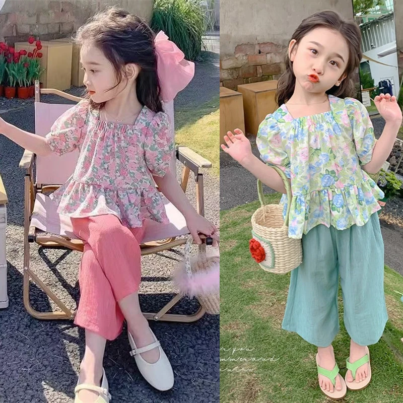 套头夏装碎花泡泡袖套装薄款女童夏季套装欧若智性风