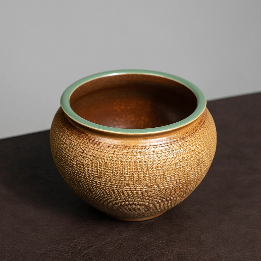 本土斋青瓷手工水盂草木灰釉大容量蓄水罐高端功夫茶具倒废水渣斗