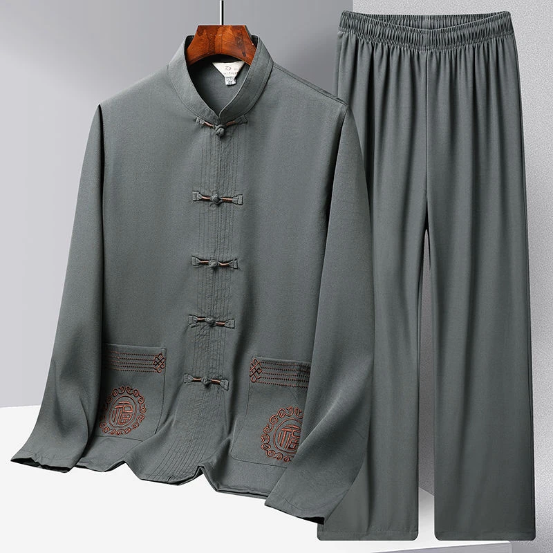 新中式春夏季冰丝唐装男中老年薄款长袖爸爸装中国风汉服爷爷套装