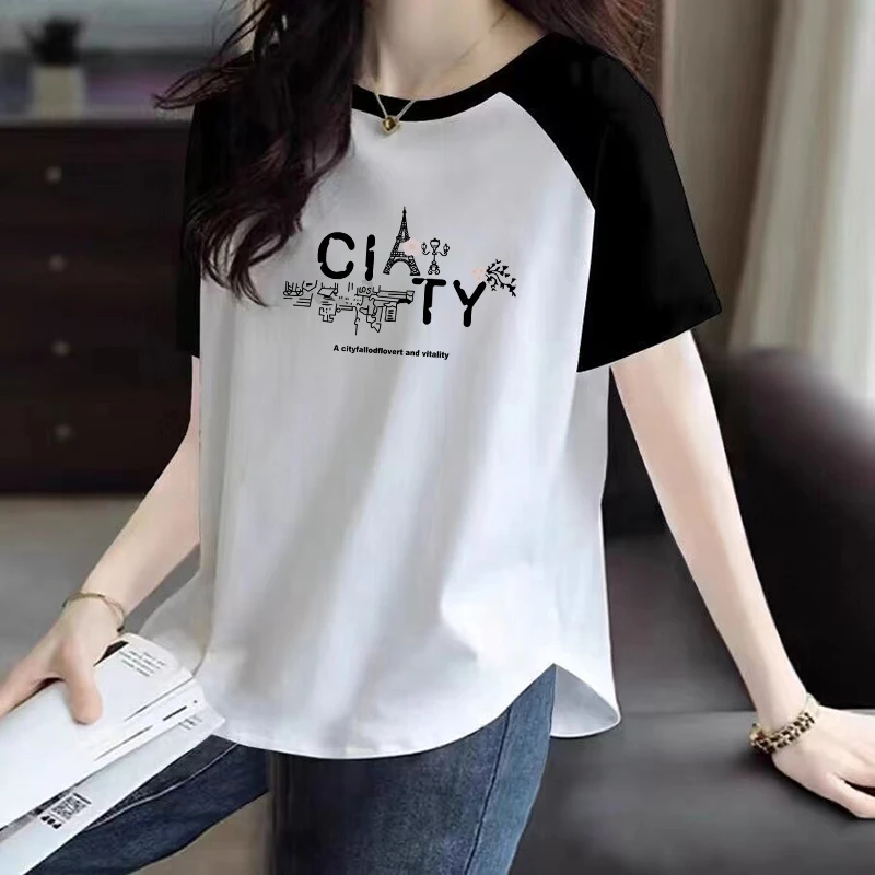 弧形下摆时尚韩版休闲百搭大码宽松显瘦圆领短袖拼接插肩T恤女夏