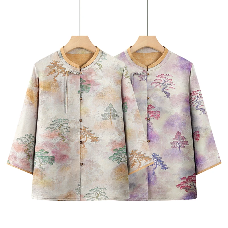 夏季圆领立领外套宽松型中老年女装国风七分袖开衫常规衬衫