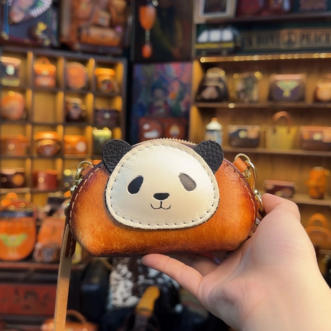 ****递黄牛剖层皮革熊猫零钱包