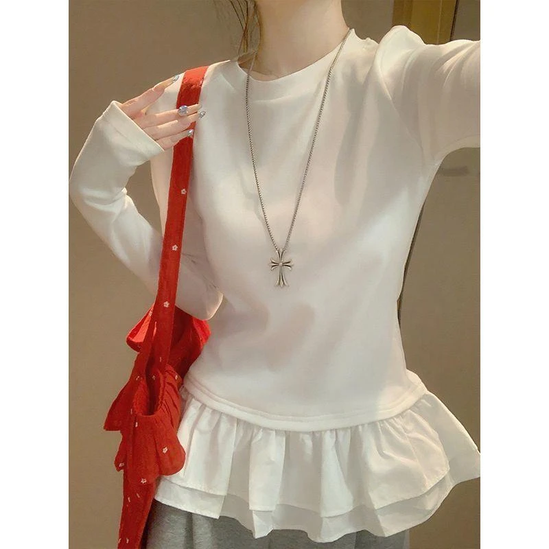 小众宽松设计感百搭显瘦高腰短款韩版风夏季春秋季圆领长袖打