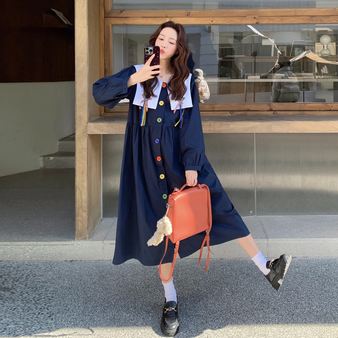 中长款长袖海军领连衣裙女2025秋季新款多巴胺甜美减龄巨好看长裙