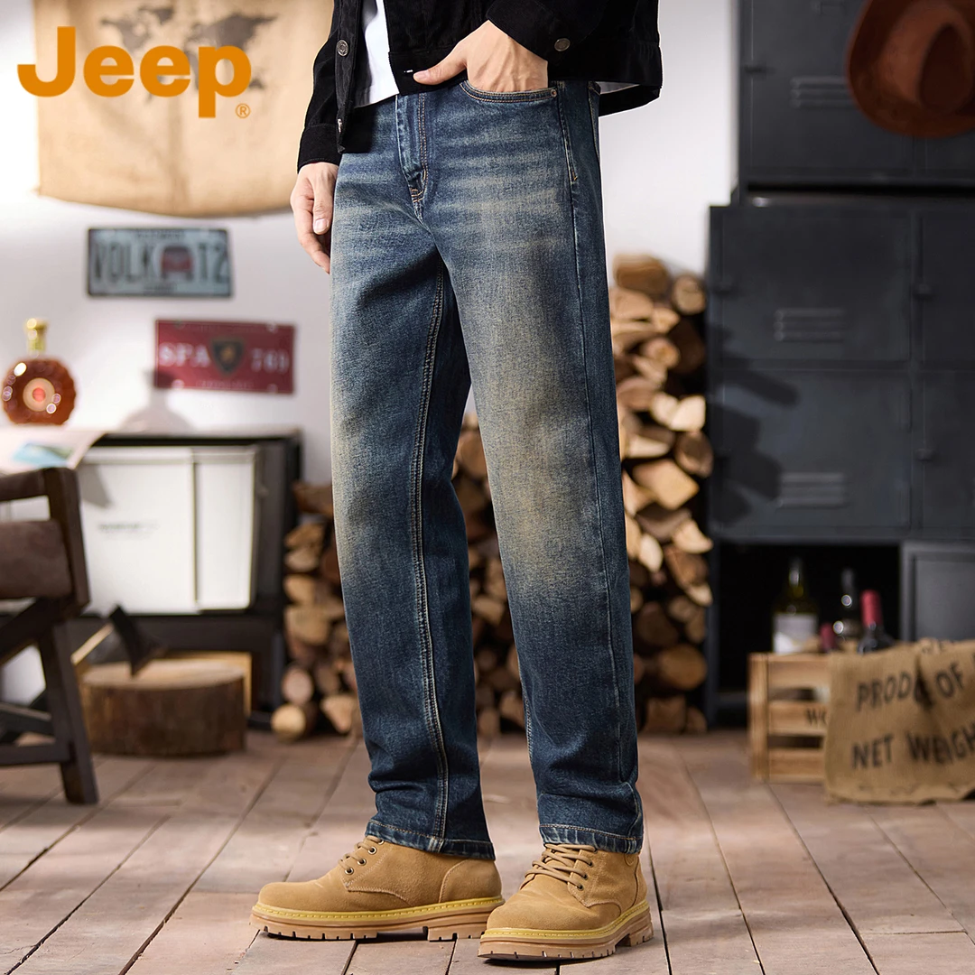 JEEP吉普复古高街牛仔裤男士秋季新款直筒阔腿宽松耐磨休闲长裤男
