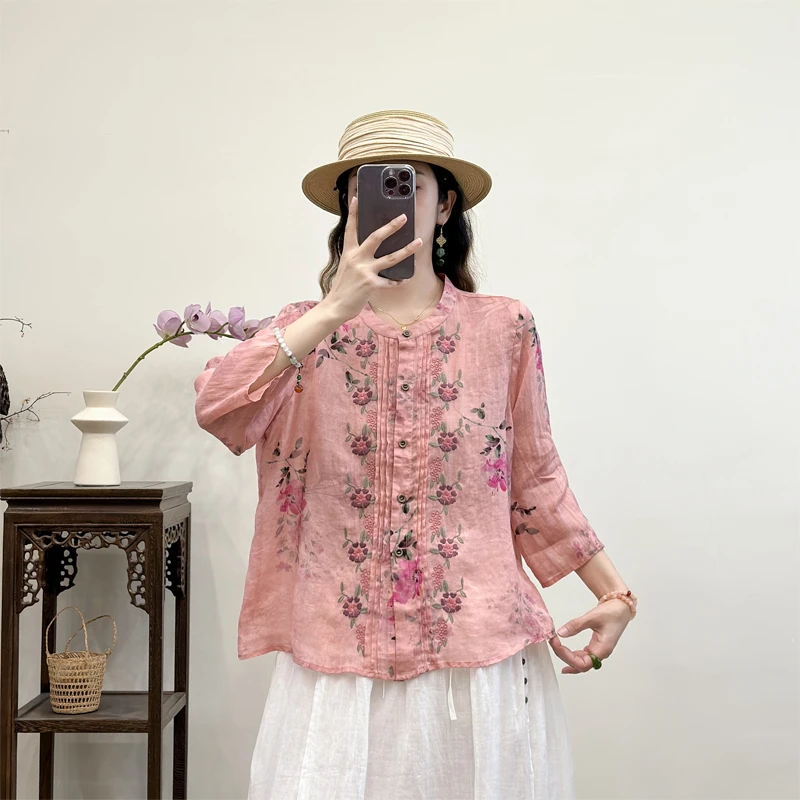 2025夏季新品纯苎麻重工刺绣六分袖圆领小开衫复古减龄中式文艺
