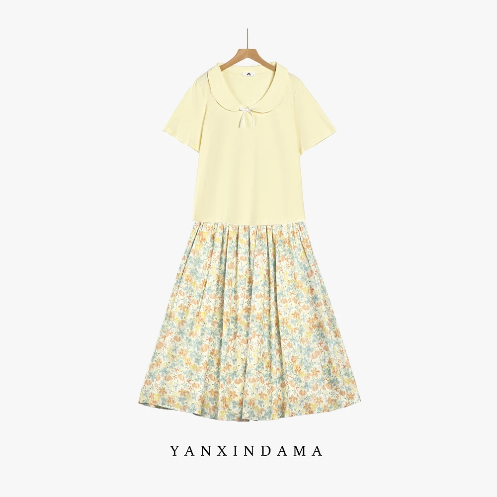 【岩心】大码女装300斤胖MM娃娃领短袖上衣碎花半身裙套装66997