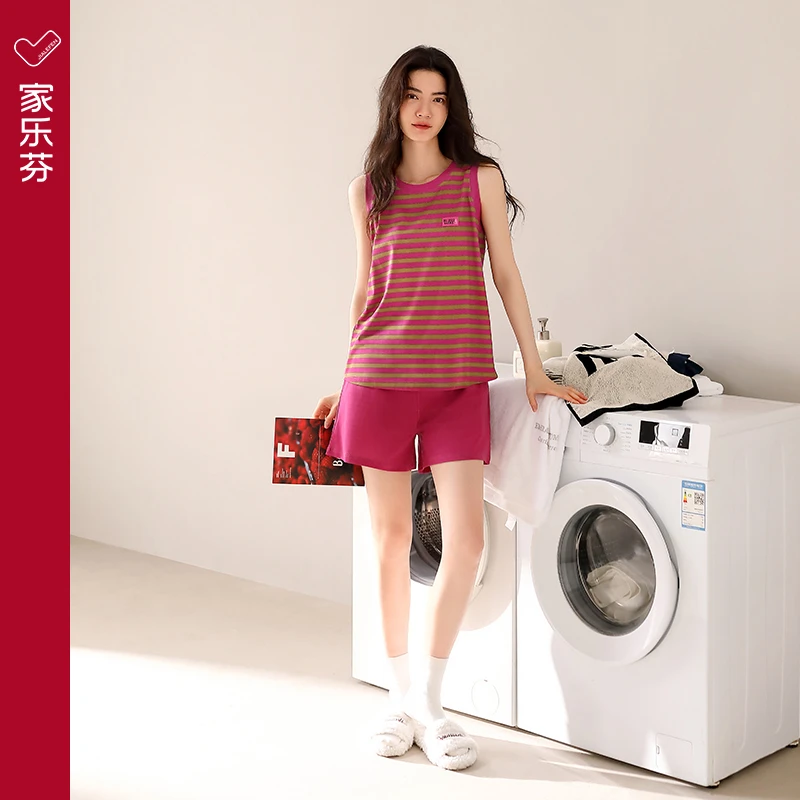 家乐芬【带胸垫】夏季莫代尔棉家居服无袖背心短裤条纹休闲套装睡衣