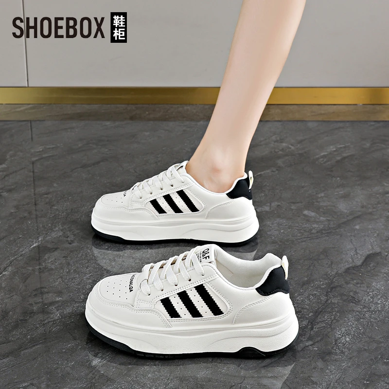 SHOEBOX鞋柜踩屎感厚底皮面小白鞋女2025新款运动休闲板鞋配裙子