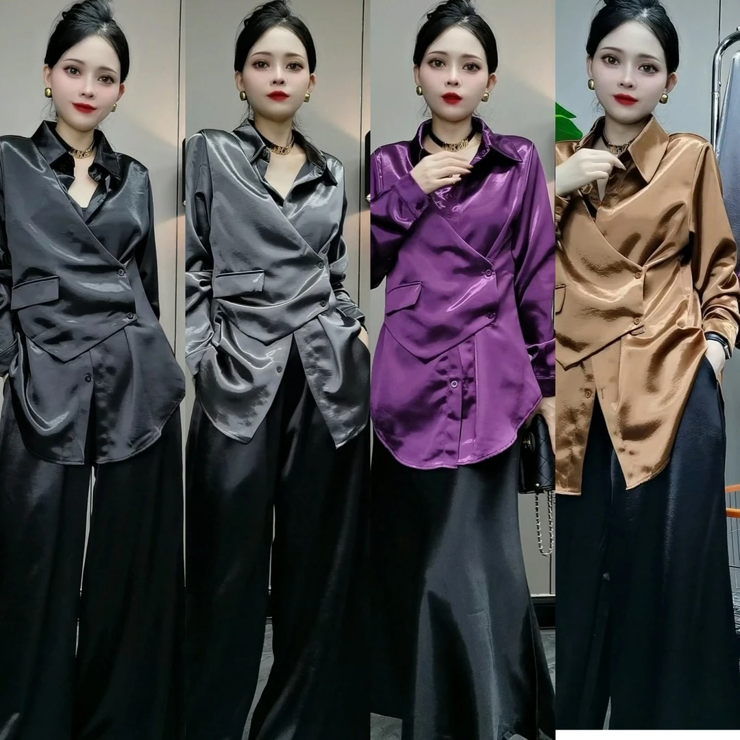 25137#zh新款不规则醋酸料假两件马甲衬衫女开衫显瘦中长款上衣