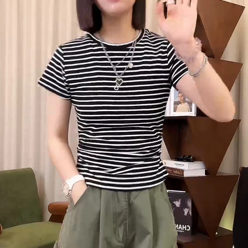 ZUOXIAOQI条纹捏折T恤11（衣长54-58/胸围44-52）