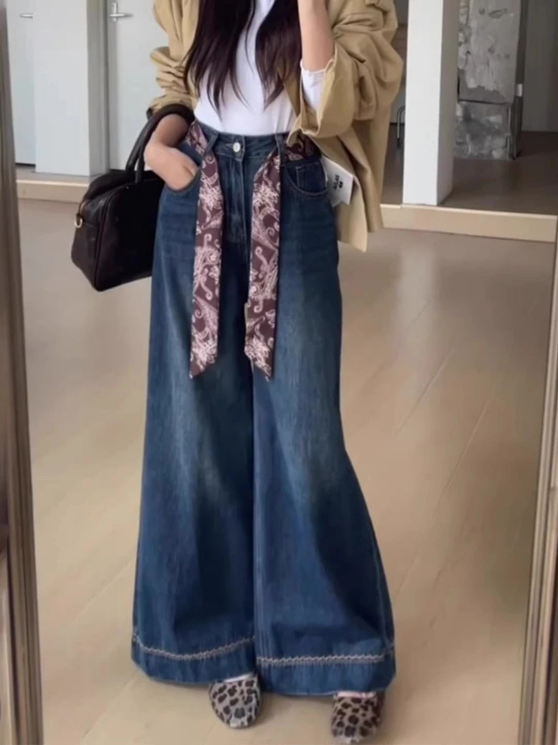 2025年秋季新款复古高腰直筒牛仔裤女宽松显瘦休闲窄版山本阔腿裤