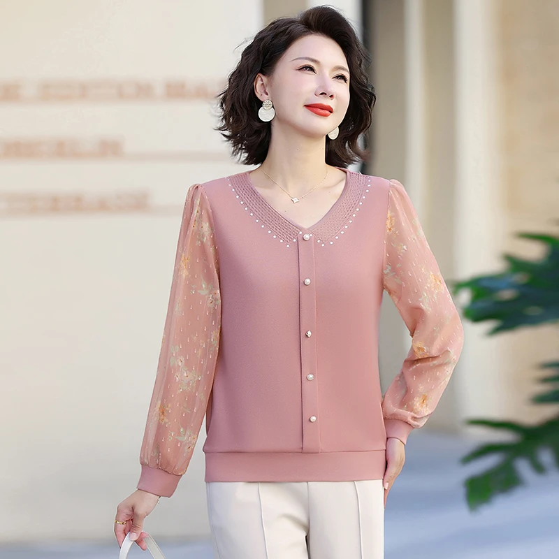 妈妈秋装上衣长袖T恤中老年小衫秋季打底衫妈妈时尚纱袖休闲小衫