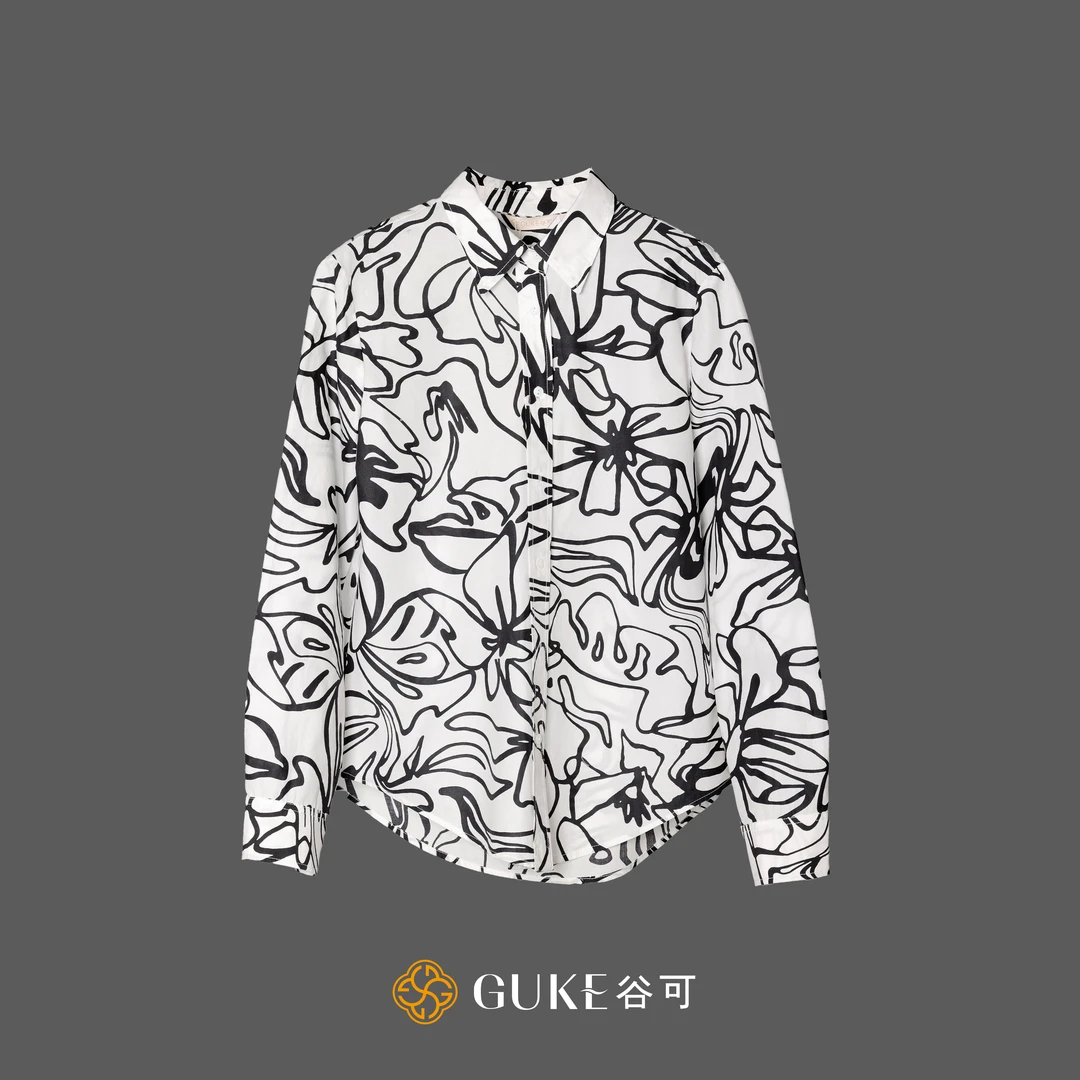 GKE/谷可C1059印花衬衫女2025春夏翻领外穿百搭法式长袖衬衣