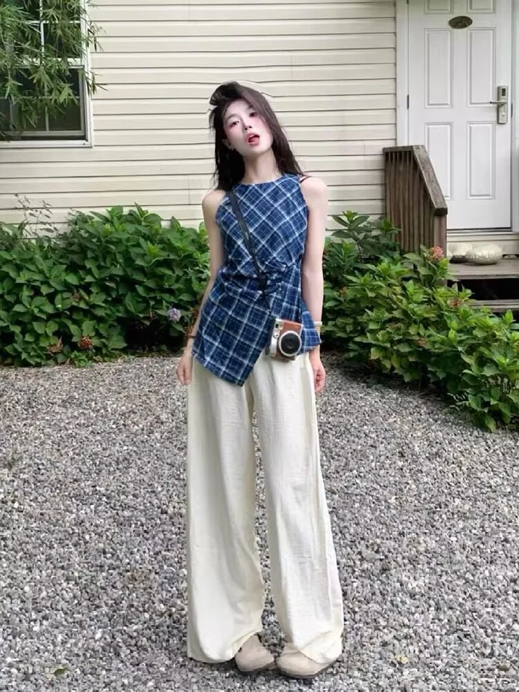 夏装搭配一整套轻熟小个子显高时尚格子背心上衣休闲阔腿裤两件套