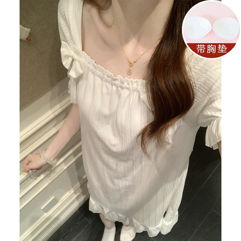 带胸垫夏季女士薄款短袖睡裙夏天白色蝴蝶结花边夏款甜美大码睡衣