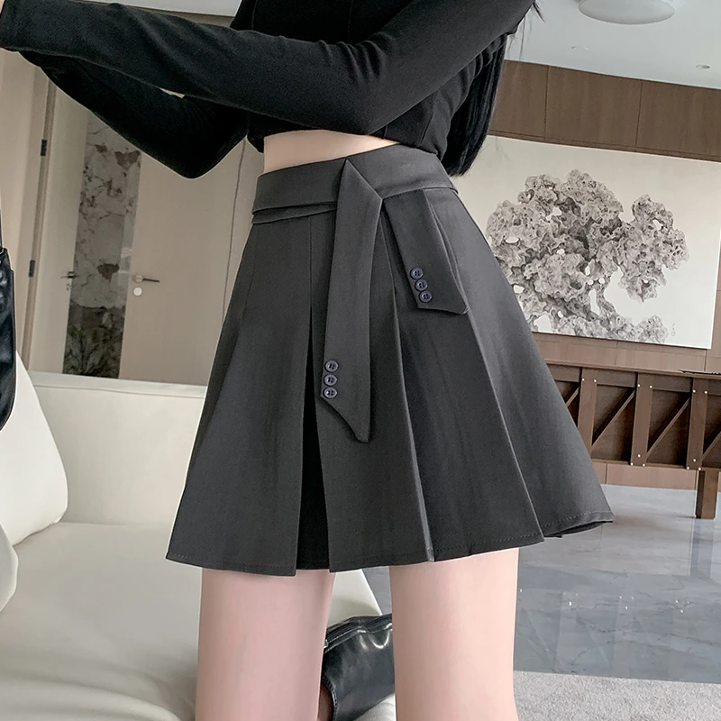 设计感小个子西装半身裙女秋季高腰百褶裙显瘦防走光a字裙短裙子