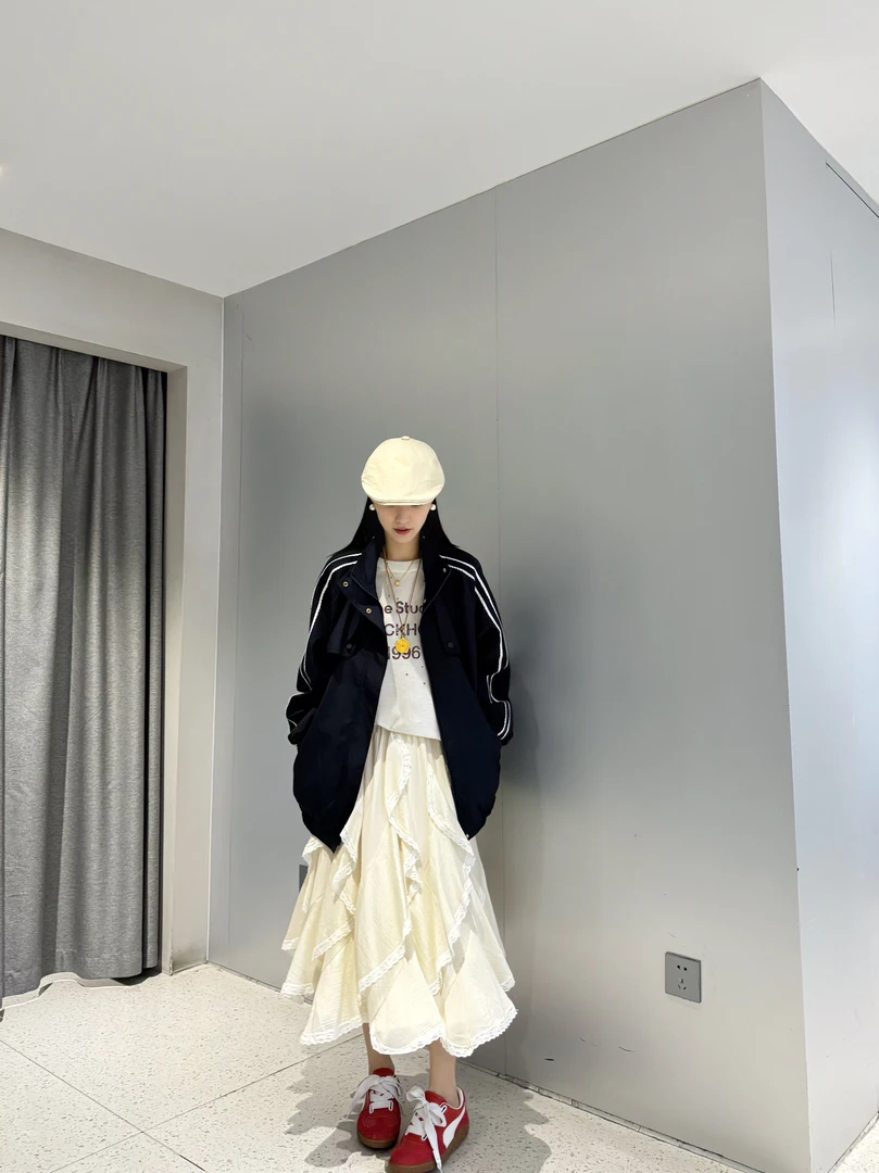 吧吧啦-立领袖拼蕾丝边冲锋外套