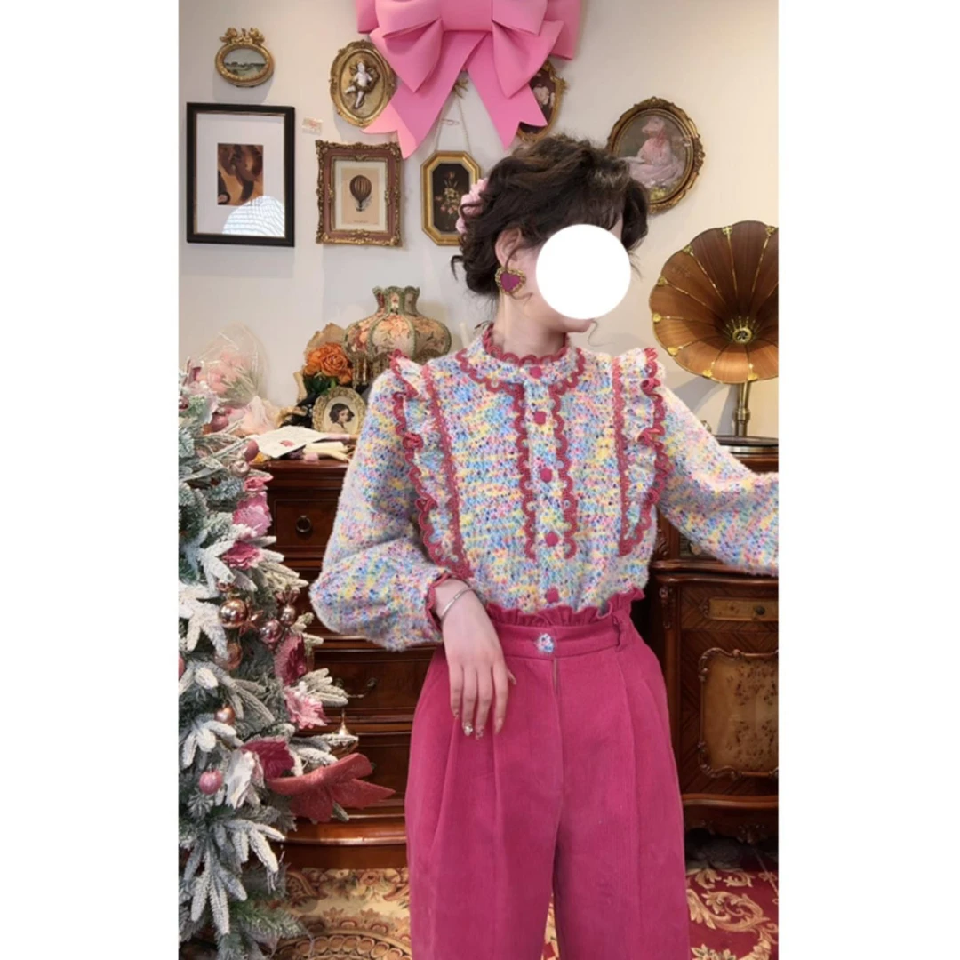 罗曼【彩色泡泡】加绒设计感小众彩色编织撞色花边衬衫长袖衬衣上衣