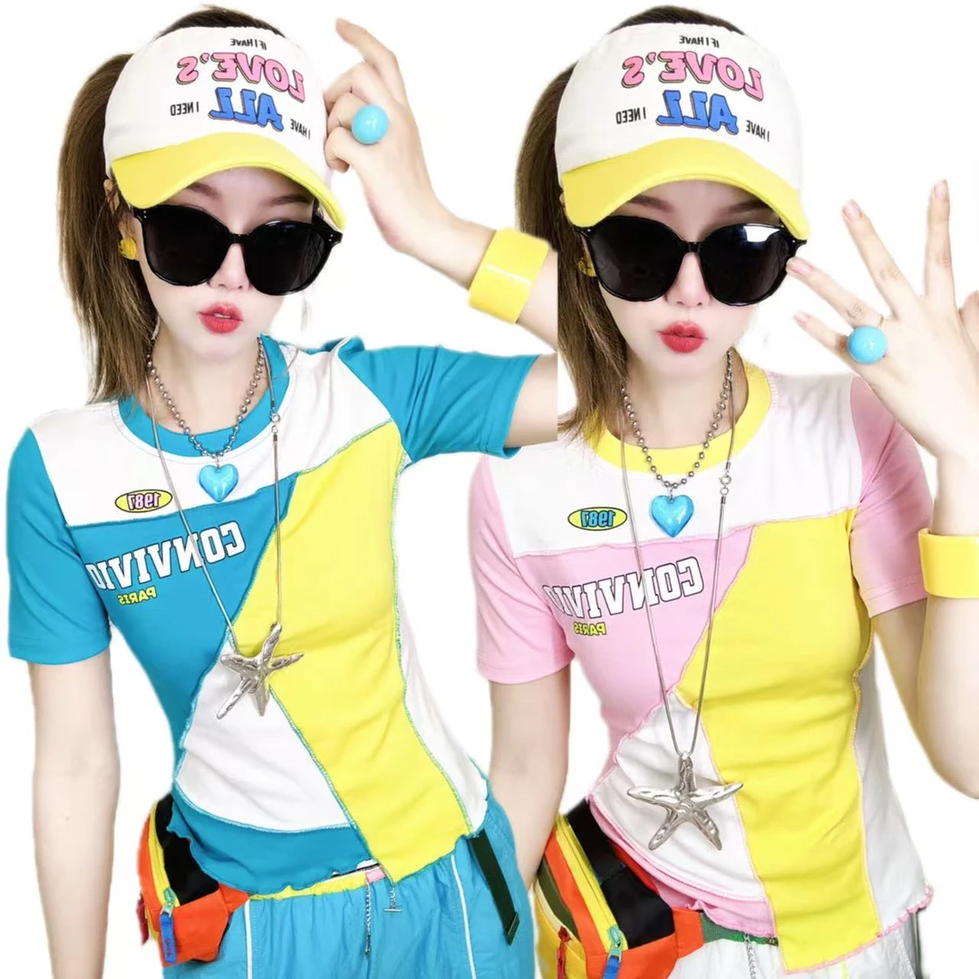 A377夏装新款修身显瘦时尚洋气减龄手工百搭撞色短袖T恤女