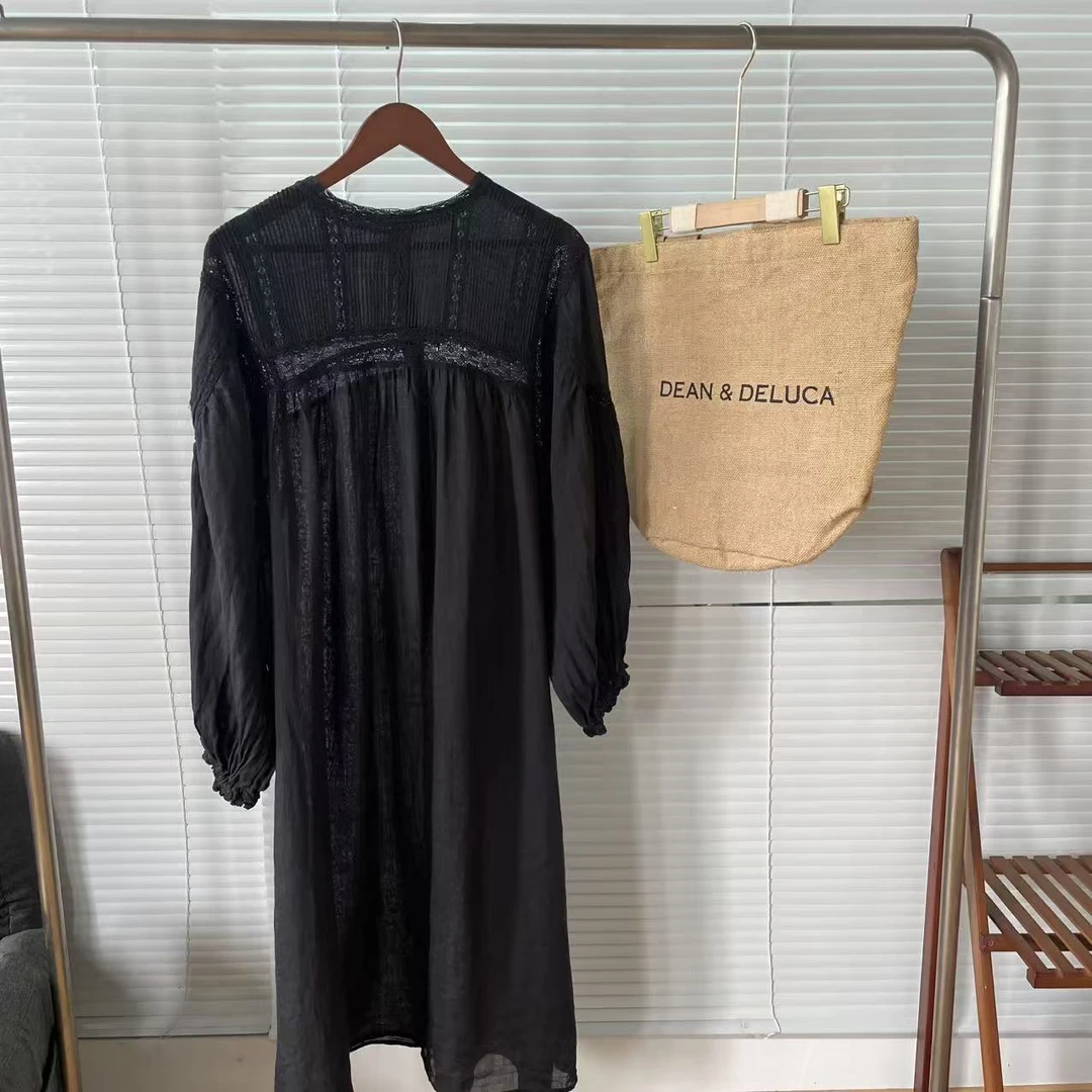 瑕疵日系拼接蕾丝单层纯苎麻两穿法式优雅长裙灯笼袖25062303