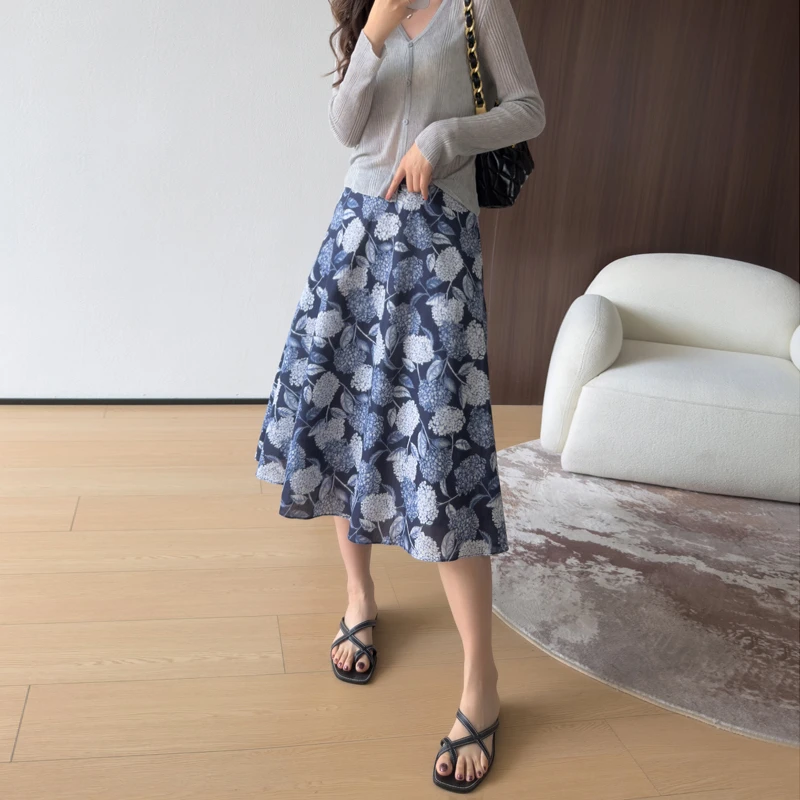 自带滤镜~柜上3K+超细长绒棉轻盈绣球花印花半裙女飘逸A字半身裙