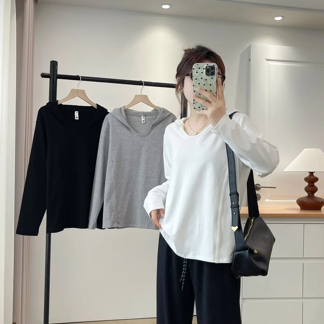 大码正肩袖连帽秋季大码女装T恤休闲圆领t恤韩版连帽上衣