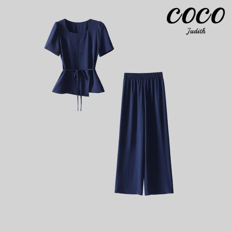 2026年夏季新款方领显瘦上衣+阔腿裤+腰带套装M305