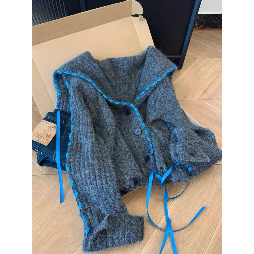 韩系松弛感软糯飘带海军领针织衫女秋冬慵懒休闲百搭毛衣外套上衣