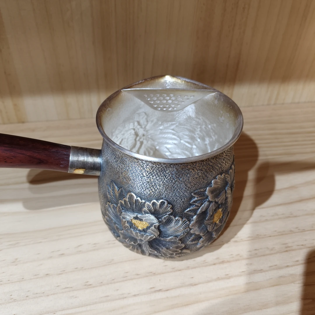 足银999纯手工家用牡丹高浮雕侧把煮茶器500容量左右