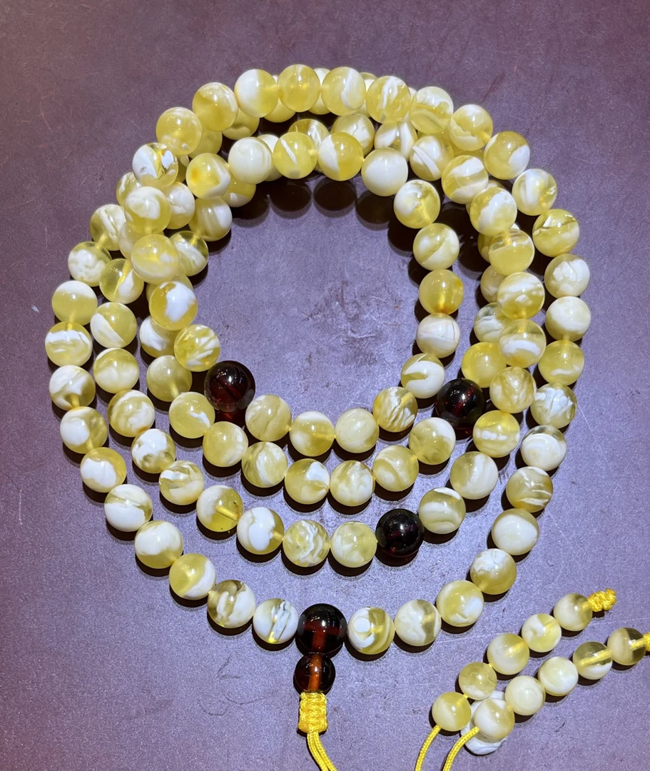 琥珀金瓷白妖花虎皮纹圆珠108佛珠链多圈手链、7m+24.62g原矿保真