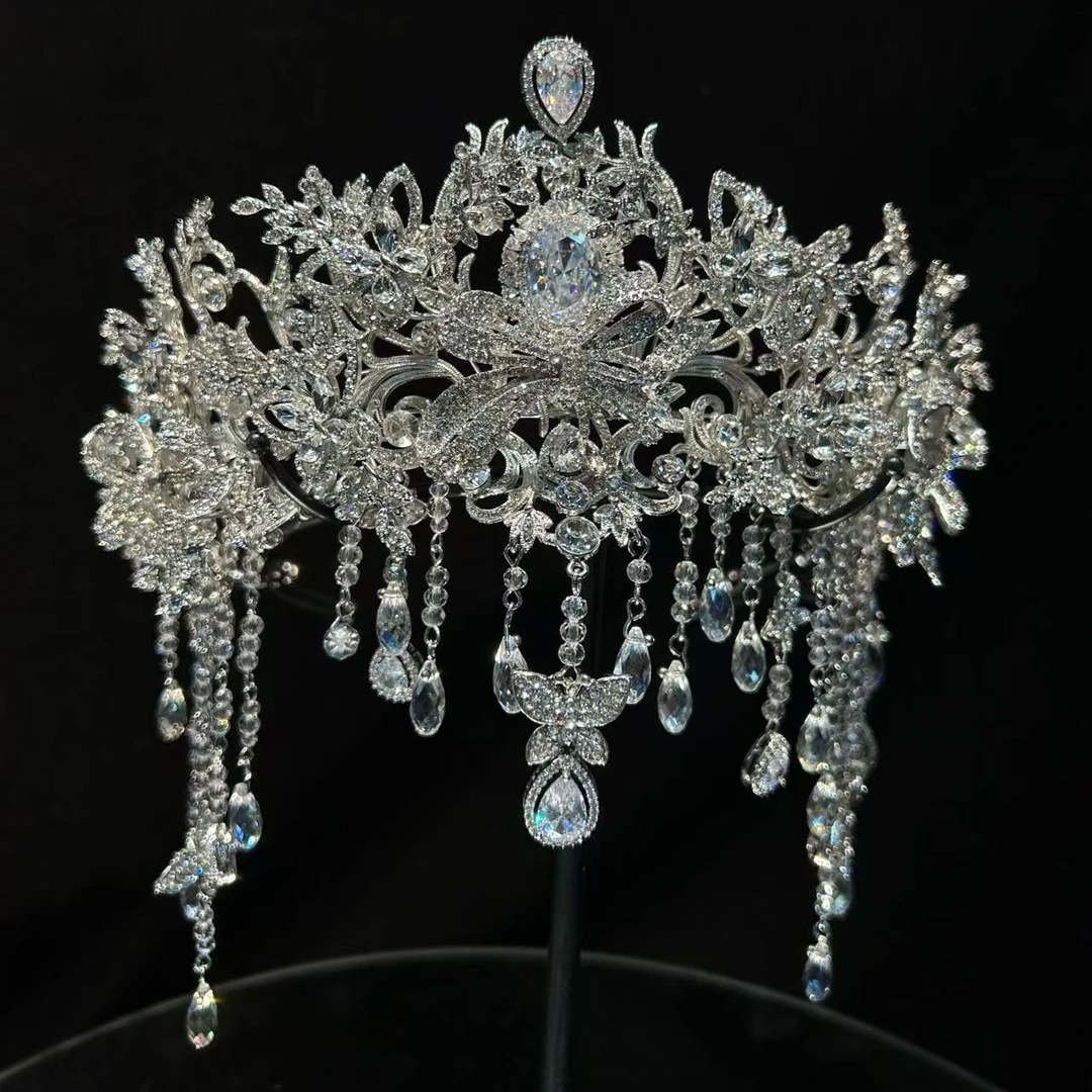 17740新款ete额前流苏眉心坠皇冠高级重工头饰新娘结婚主纱造型