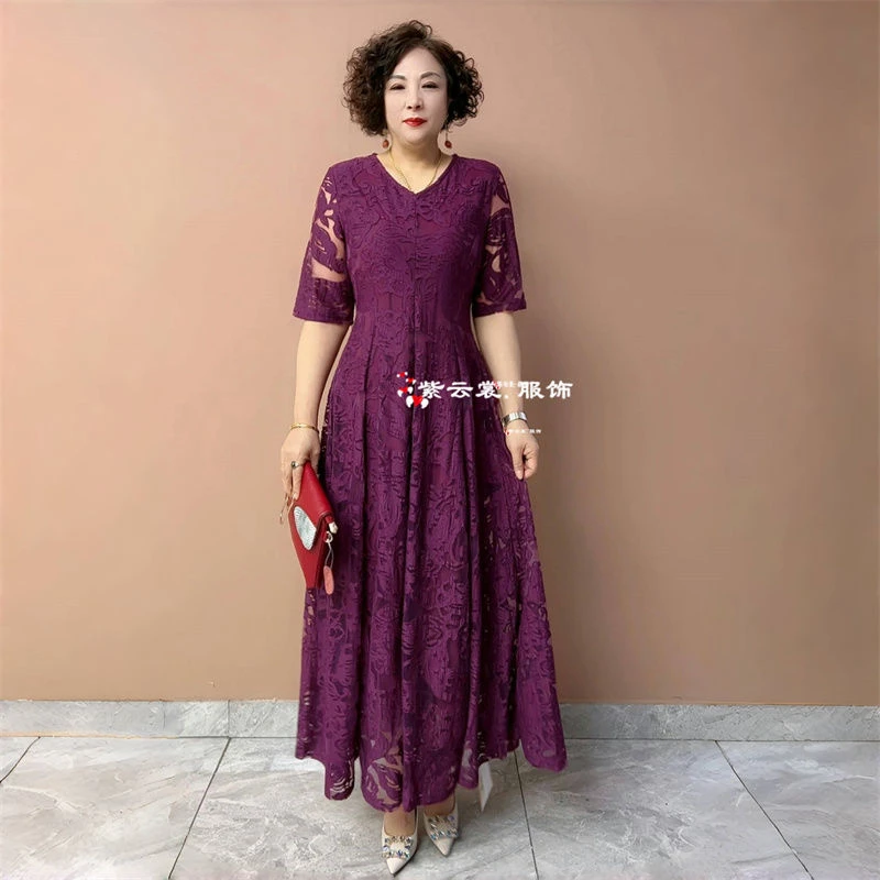 高端中年妈妈气质连衣裙洋气减龄优雅欧根纱钩花不断腰大摆长裙夏