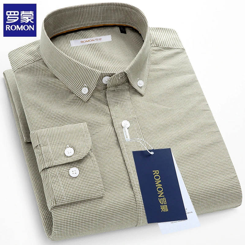 罗蒙100%全棉男士秋季高档长袖纯棉衬衫休闲百搭外穿格子商务衬衣
