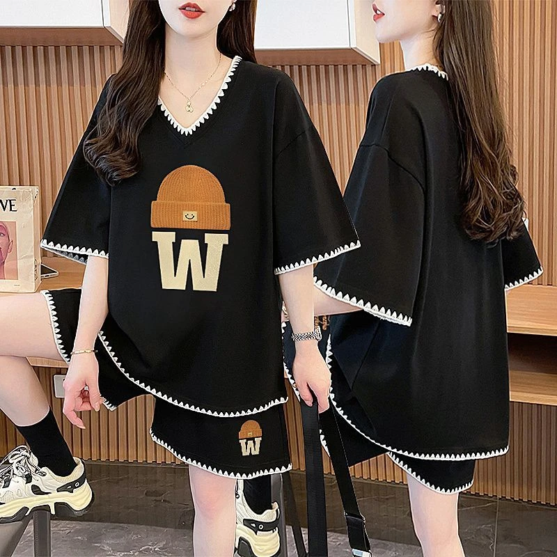 夏季纯棉V领短袖t恤+短裤两件套女2025新款洋气宽松休闲运动套装