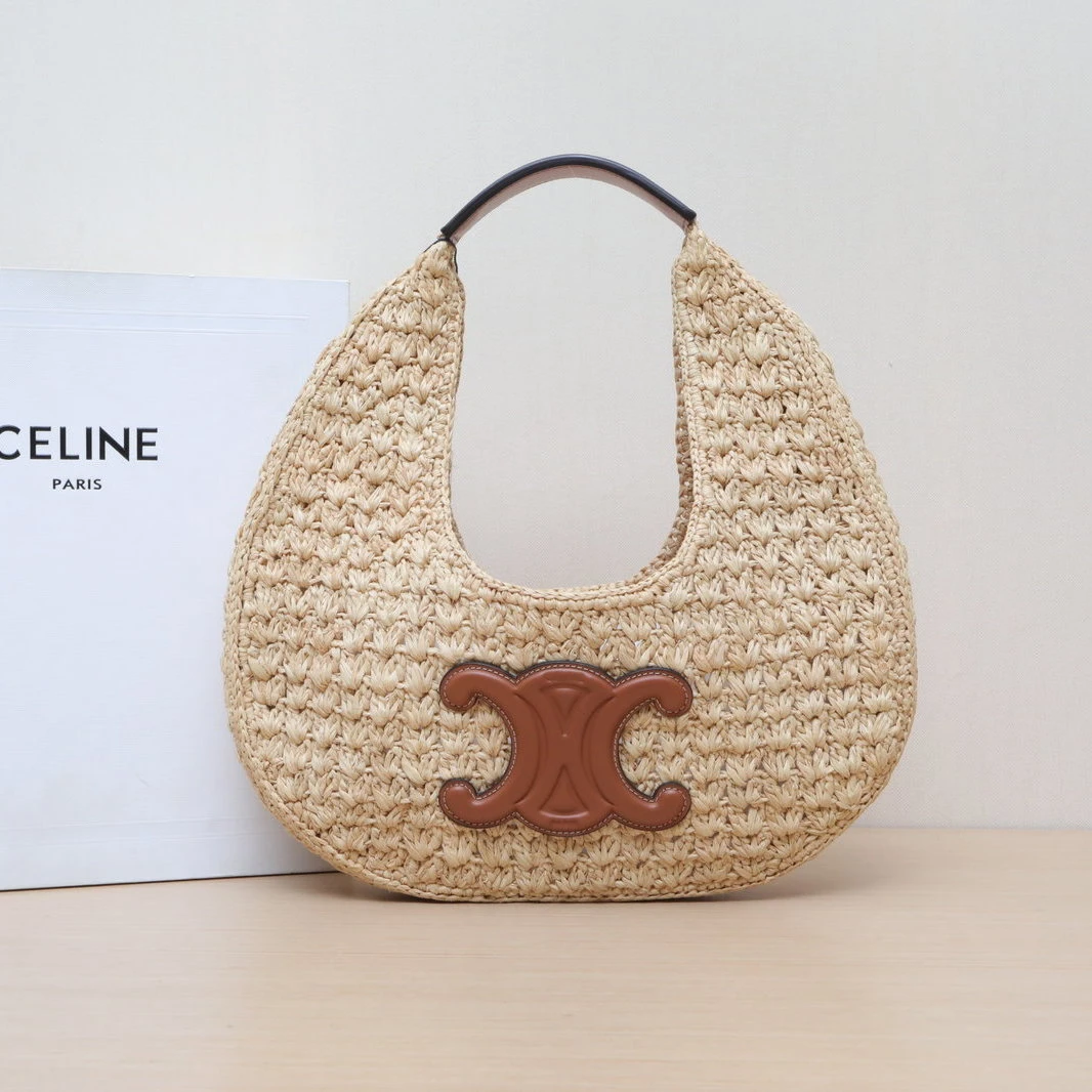 99新 Celine/思琳 【黑黑】 棕色 草编 拉菲草 编织 hobo 腋下包