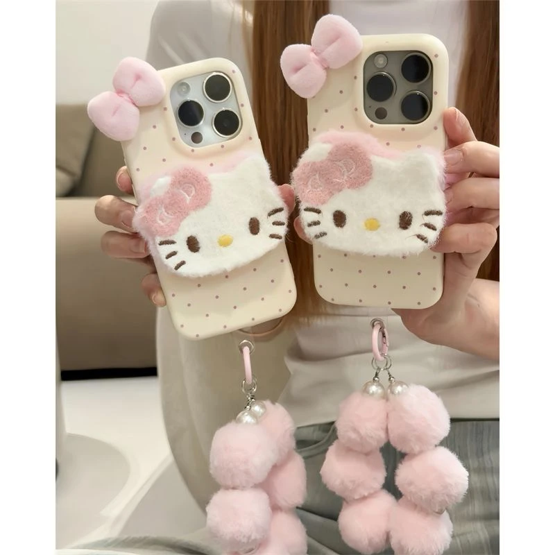 毛绒kt支架公仔链条适用iPhone16promax苹果15手机壳14皮纹13软12