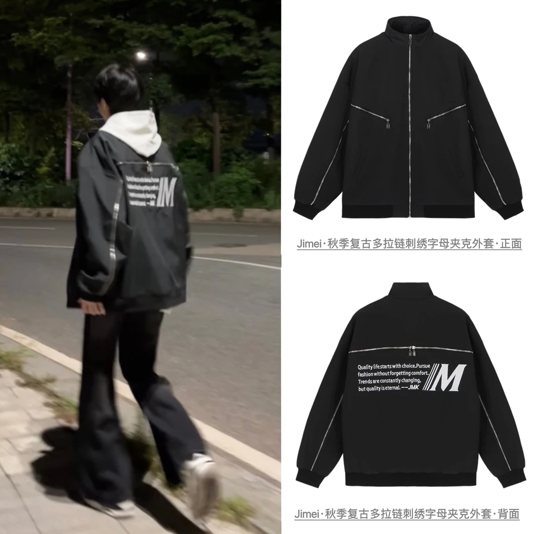 Jimei·美式复古刺绣字母多拉链防水飞行服夹克外套·【推荐款】