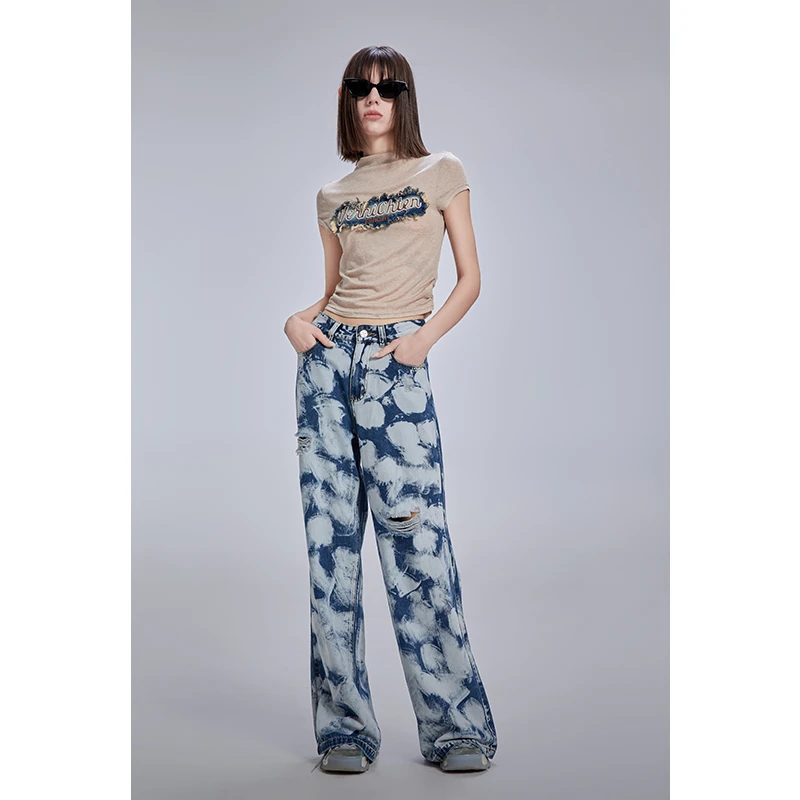 【粉丝专享】重工洗水牛仔阔腿长裤1F0161