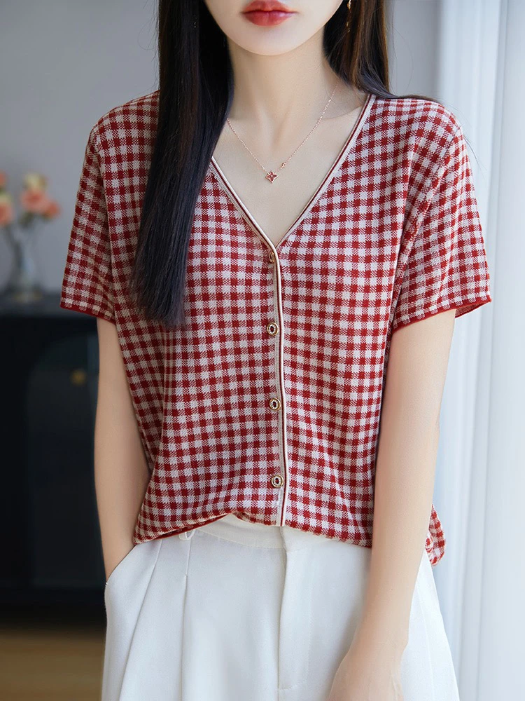 100%莱赛尔天丝V领格纹短袖t恤女夏季2025新款洋气大码女针织上衣
