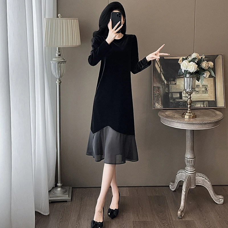 知性风纯欲秋冬打底内穿丝绒拼接连衣裙泡泡袖中长款大码连衣裙