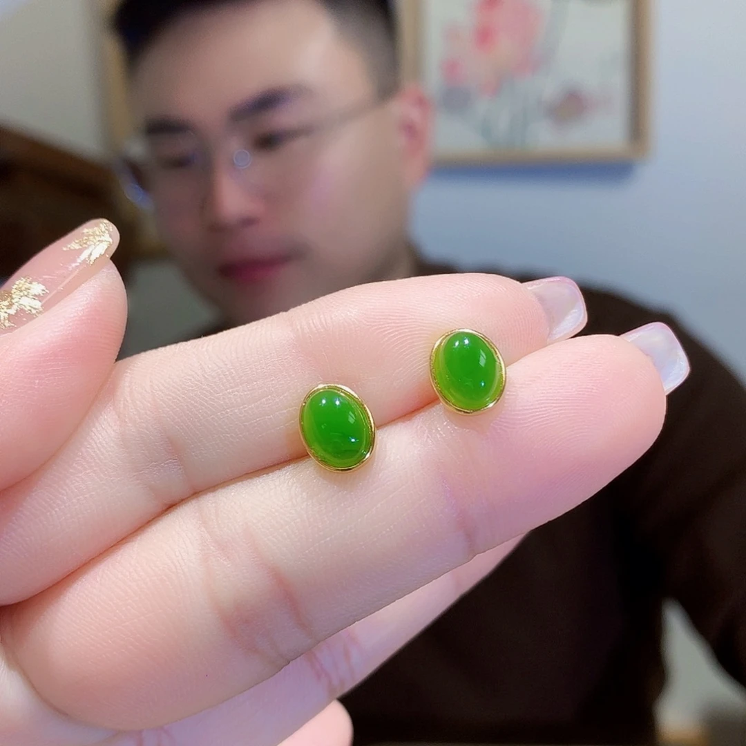 和田玉（碧玉）耳饰银S925镀金镶嵌