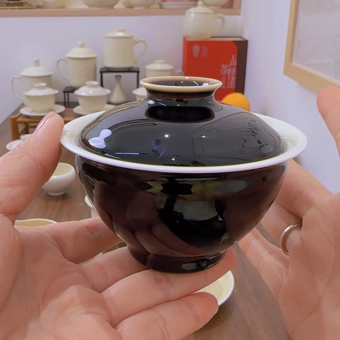瑕疵双釉黑定两才盖碗 无礼盒 底部有磨痕