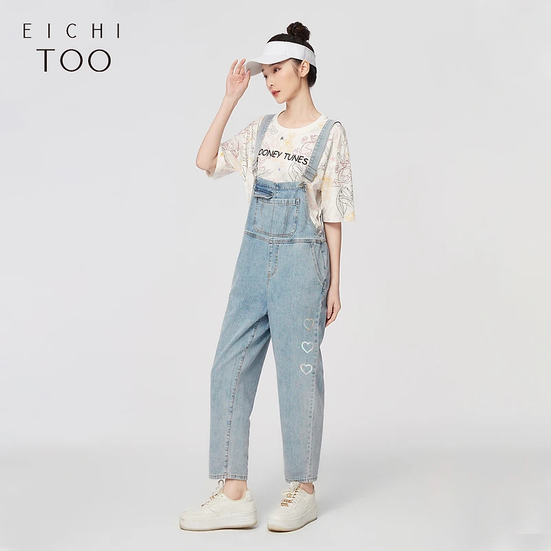 A爱居兔夏镭射印花设计时尚减龄牛仔背带裤EKBNJ2M001A