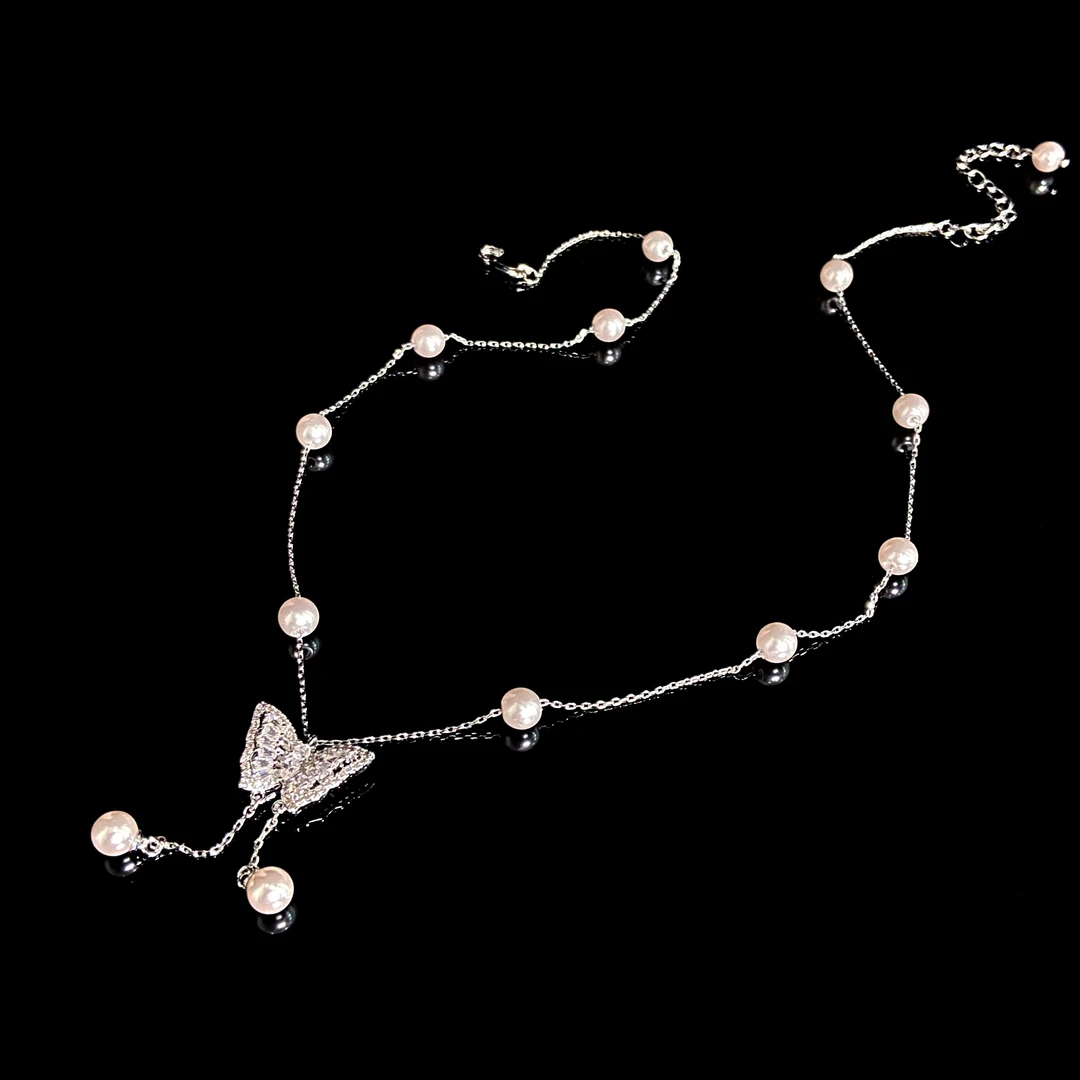 铜合金仿珍珠项链 镀K金 曼塔玫瑰色系 蝴蝶精致礼服项链X7290