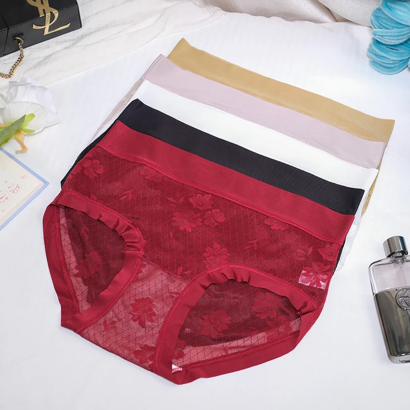 （5条装）轻奢时尚女薄款高腰无痕透气提臀蕾丝红色内裤性感中腰